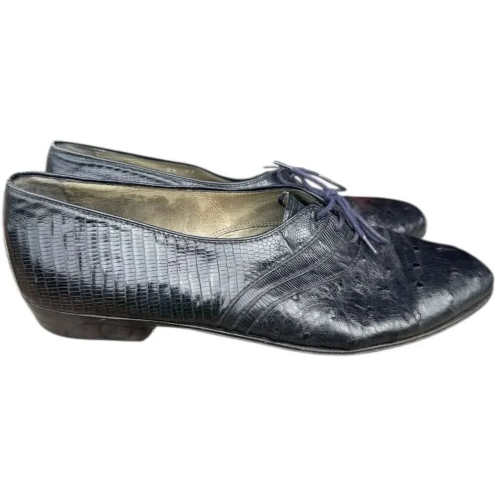 Mens Moreschi Black Ostrich Tie Leather Slip On Loafers Dress Shoes - Sz 9.5
